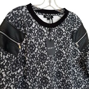 DKNY‎ Lace Faux Leather Zipper Shoulders Sweater Women's Medium Black Whimsigoth